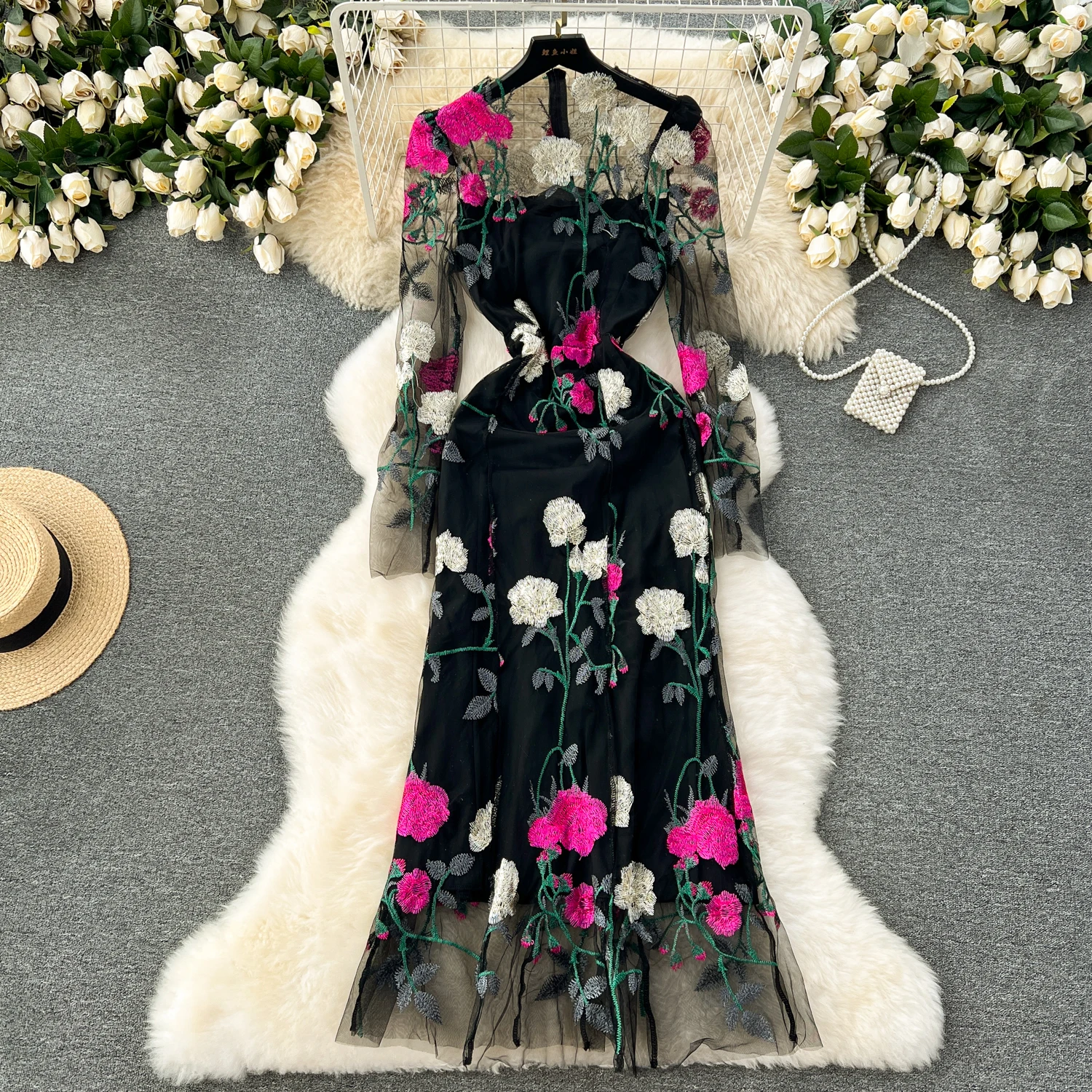 High end Flower Embroidery Decorative Dress Women's Summer New Tulle Splicing Designer Elegant and Luxury Slim Fit Long Dresses