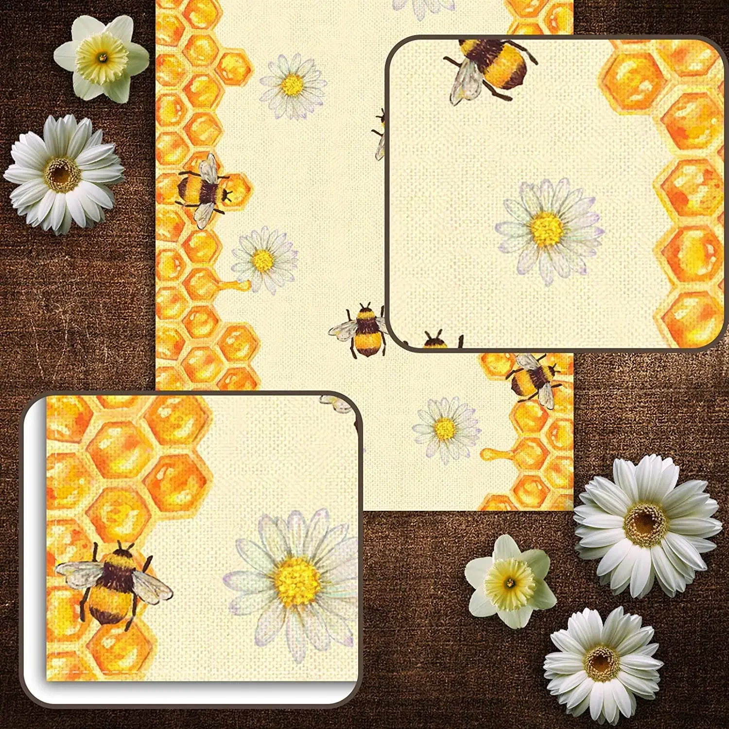 Summer Bee Daisy Linen Table Runners Holiday Party Decorations Washable Dining Table Runners Boy Girl Bithday Table Home Decor