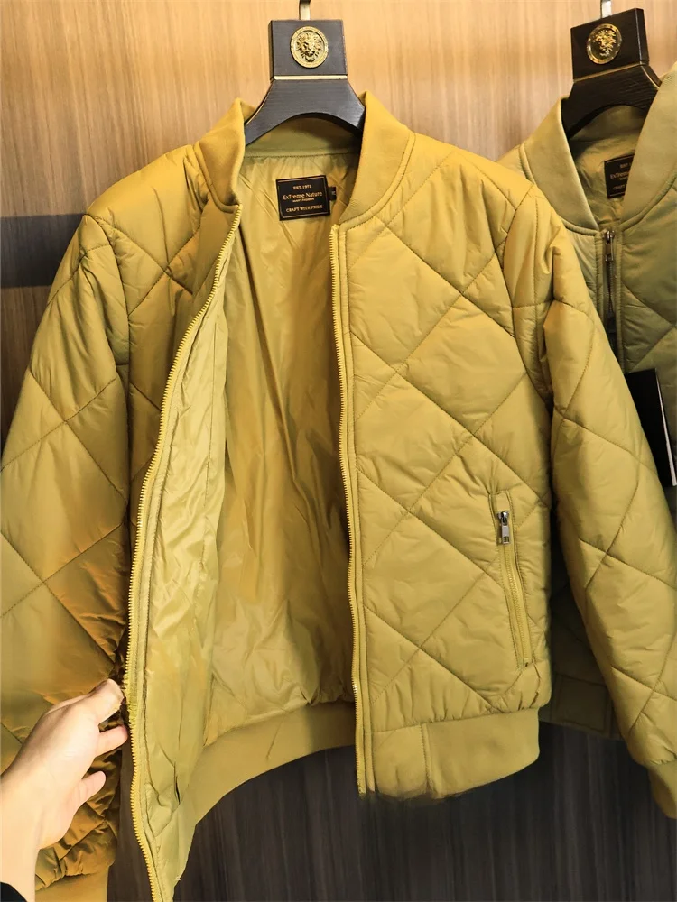 American Style Baseball Jacket Street Style! Autumn Winter Pure Color Trend Diamond Pattern Quilted Cotton Jacket Men