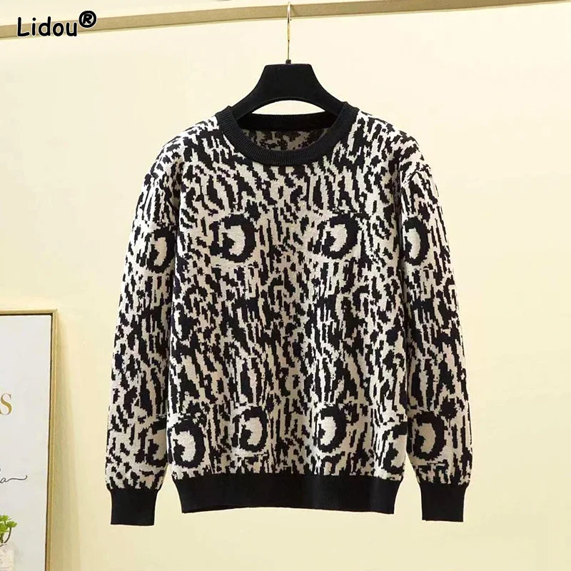 

Round Neck Bottoming Simplicity Pullovers Loose Leopard T-Shirts Patchwork Office Lady Fashion Women's Clothing Spring Autumn