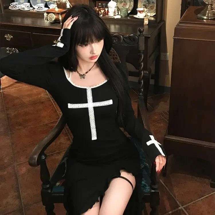 Vintage Gedruckt Lange Kleid Frauen Sexy Spicy Girl Slim Fit Rüschen Split A-linie Kleider Mode Langarm Party Robe