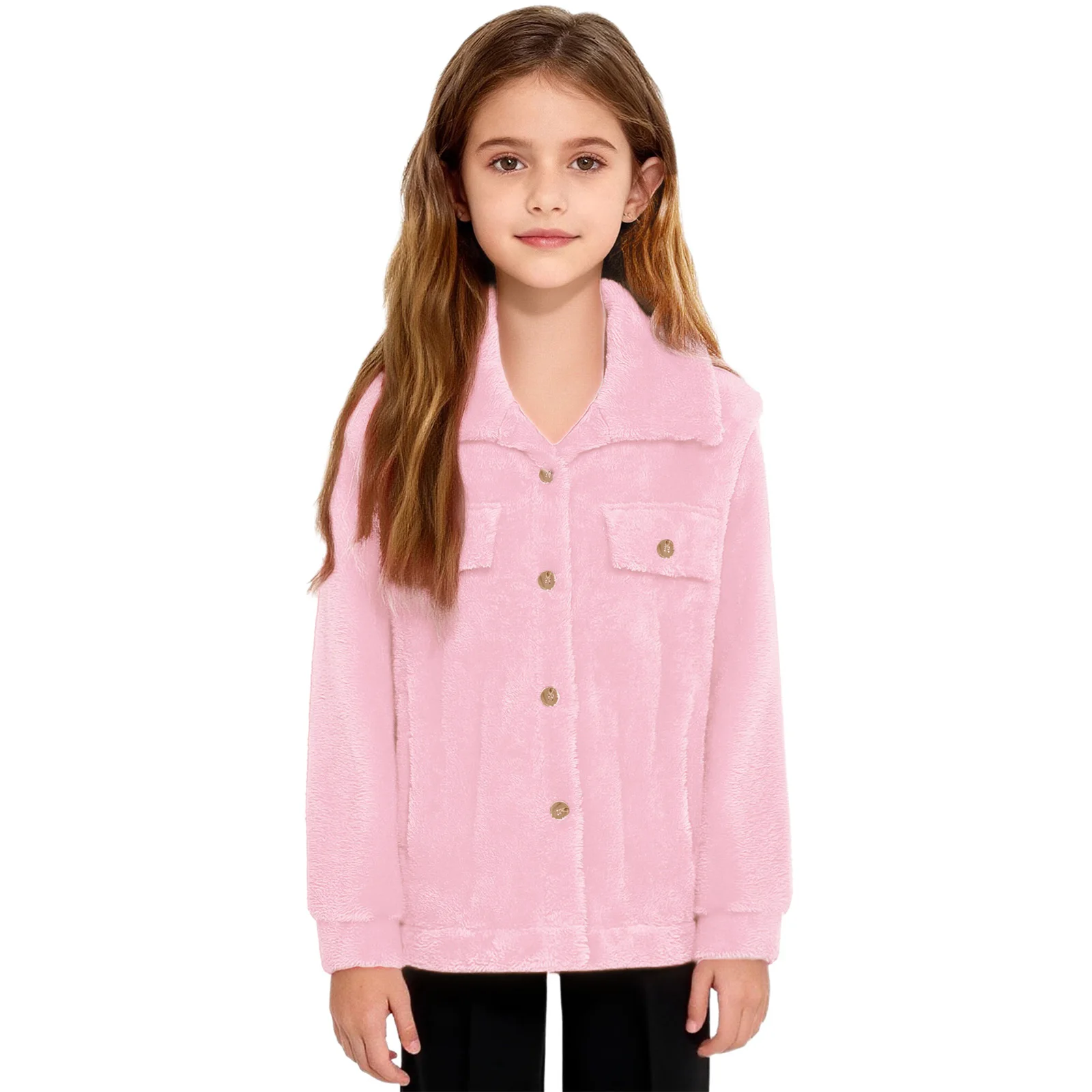 

Kids Girls Flannel Jacket Outerwear Autumn Winter Warm Turn-Down Collar Long Sleeve Buttons Coat with Pockets Casual Clothing