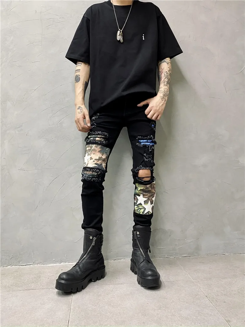 High Street Fashion Fit Stretch Jeans Designer Skinny Broken Holes Pants Cloth Patch Men's