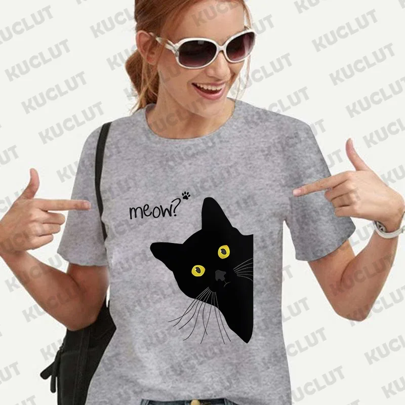 Grappige Zwarte Kat Tee Shirt Vrouwen Kleding Anime Designer Harajuku Esthetische Mode Streetwear Korte Mouw Tee Vrouwelijke Kleding