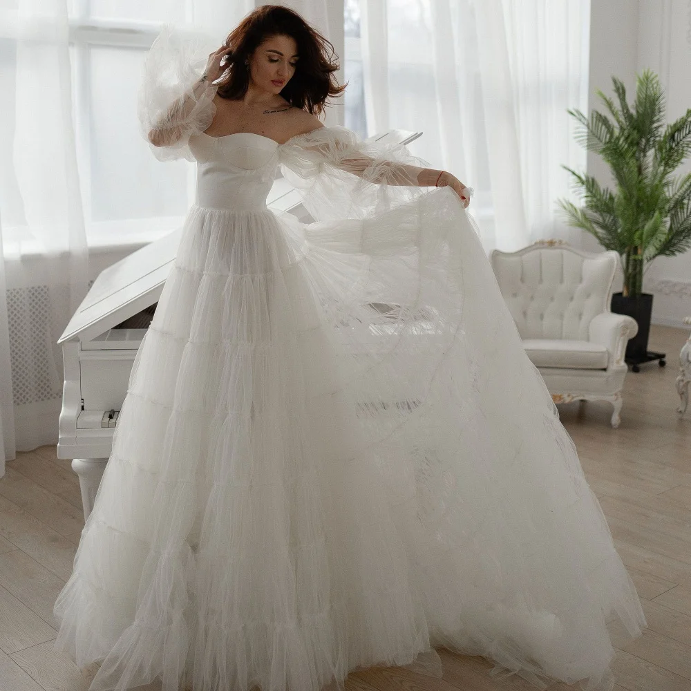 Simple Tulle A Line Wedding Dresses Sweetheart Off Shoulder Bride Dress Illusion Elegant Bridal Gown Vestido De Novia