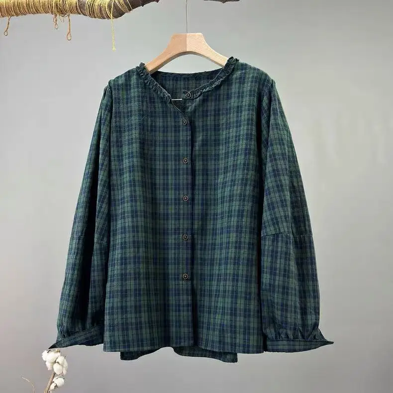 

2026 Japanese fashion women's plaid shirt 100% cotton black green checkered shirts long sleeve blouses vintage clothing
