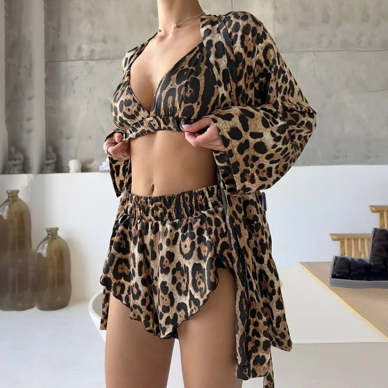 2026 Spring Summer New Collection Loose Leopard Print Long Sleeve Loungewear Shorts 3 Piece Set Home Wear XL Size Sleepwear Cozy