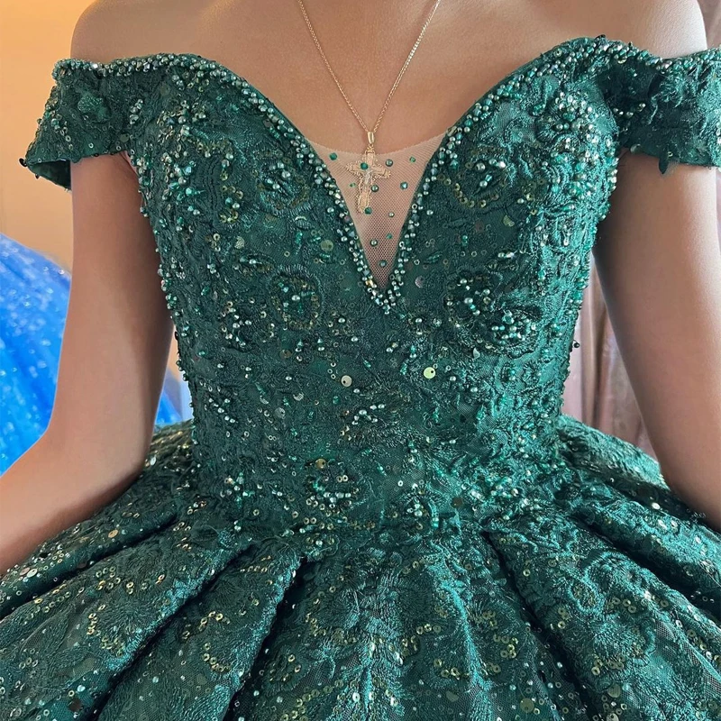 Green Sparkling Crystal Quinceanera Dress Off Shoulder Applique Prom Dress Piece Fluffy Sweet Princess Pageant Party Dress