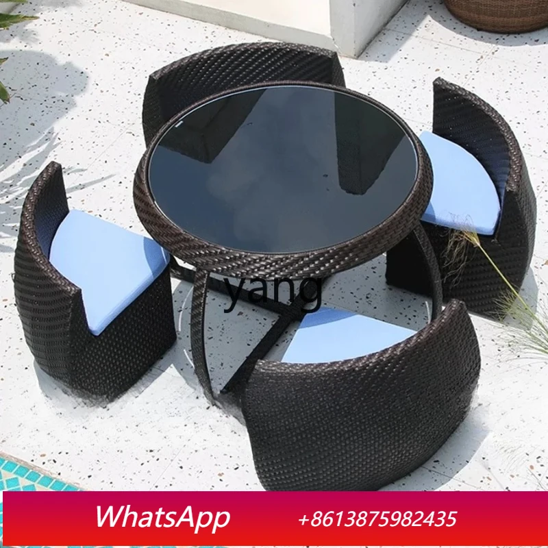 

MMM Outdoor Rattan Table and Chair Set for Courtyard Villa, Round Foldable Outdoor Garden Rattan Chair with Umbrella