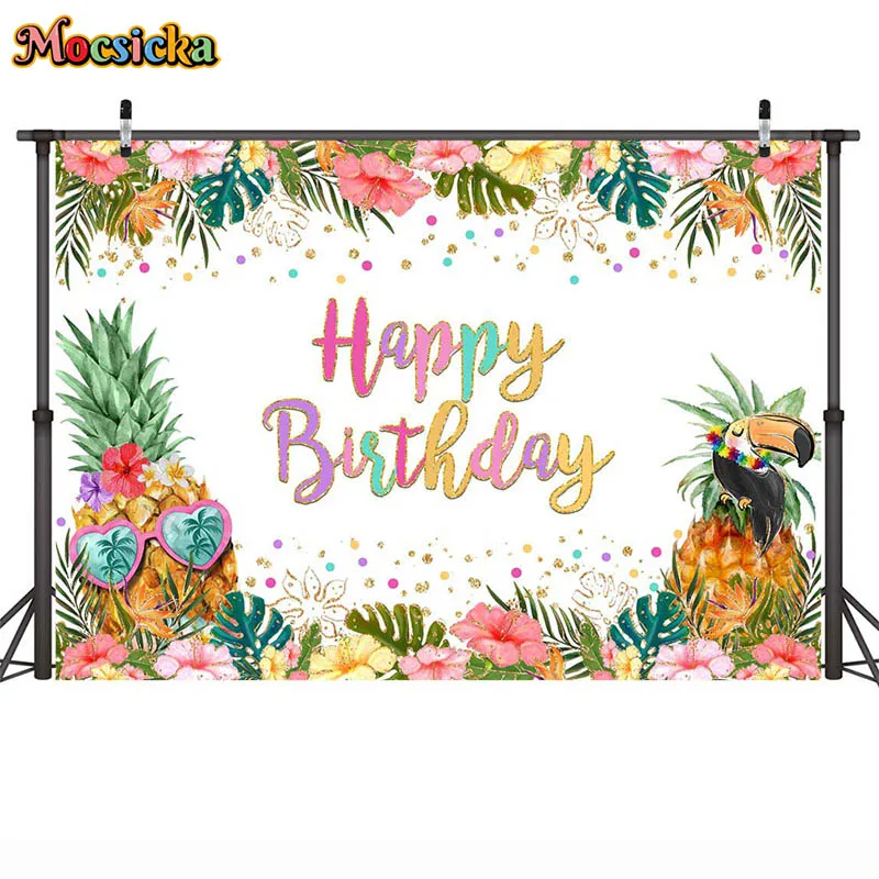 حفلة عيد ميلاد الديكور خلفية الصيف ألوها الأناناس فلامنغو متوهجة النقاط النخيل ورقة ديكور الدعائم صورة خلفية الصورة