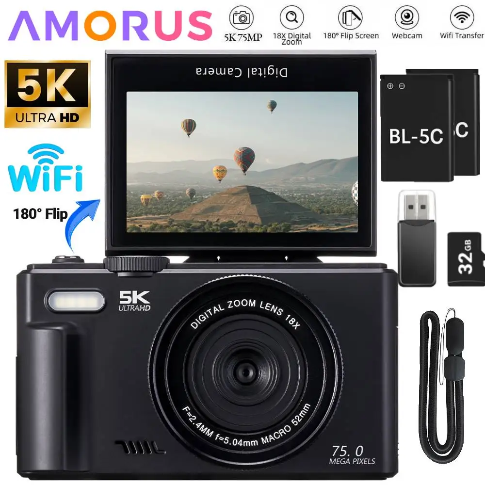 75MP Digital Camera for Photography 5K 18X Digital Zoom Vintage Vlog Video Recorder For YouTube 180° Flip Screen Selfile WiFi
