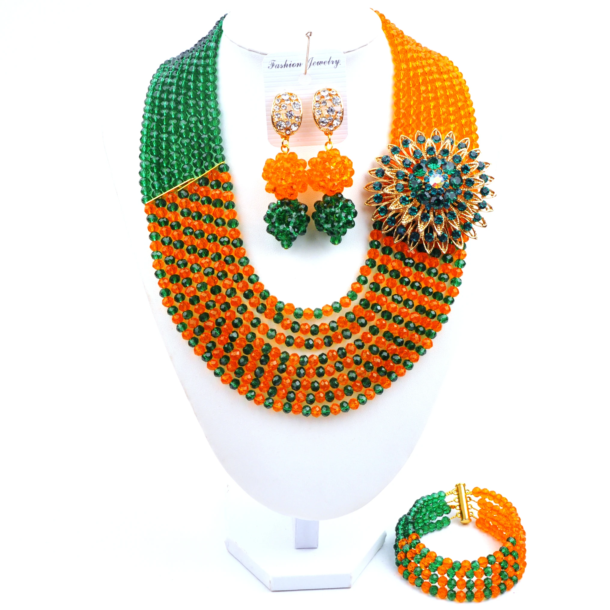 Fashion African Jewelry Set Army Green and Orange Crystal Bead Necklace