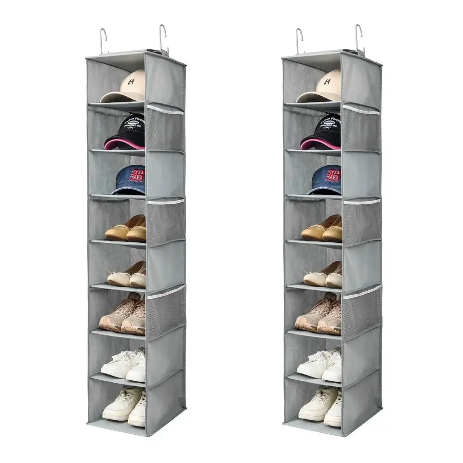 

Органайзер для обуви для шкафа с боковыми сетчатыми карманами. Полки для шляп для бейсболок. Держатель для обуви и шляп. Усилитель для хранения. 8 полков. Серый. 2 шт.