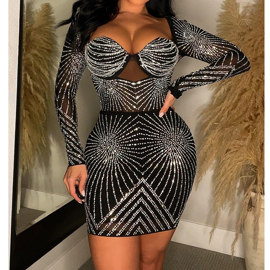 Prom Dresses Long sleeves Womens Dresses Mesh Diamond Elegant Party Dress Celebrity Birthday Gowns Prom Evening Dress HXY308