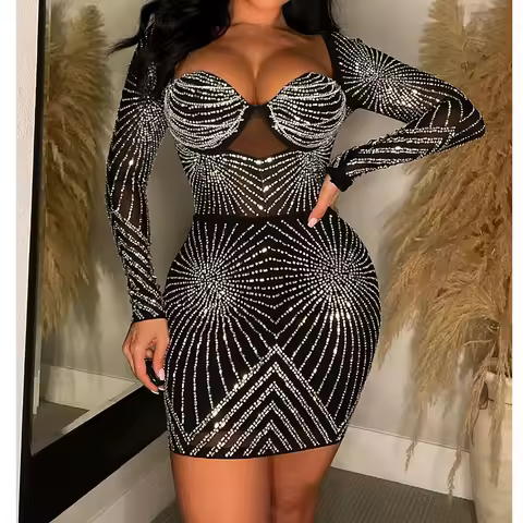 Prom Dresses Long sleeves Womens Dresses Mesh Diamond Elegant Party Dress Celebrity Birthday Gowns Prom Evening Dress HXY308