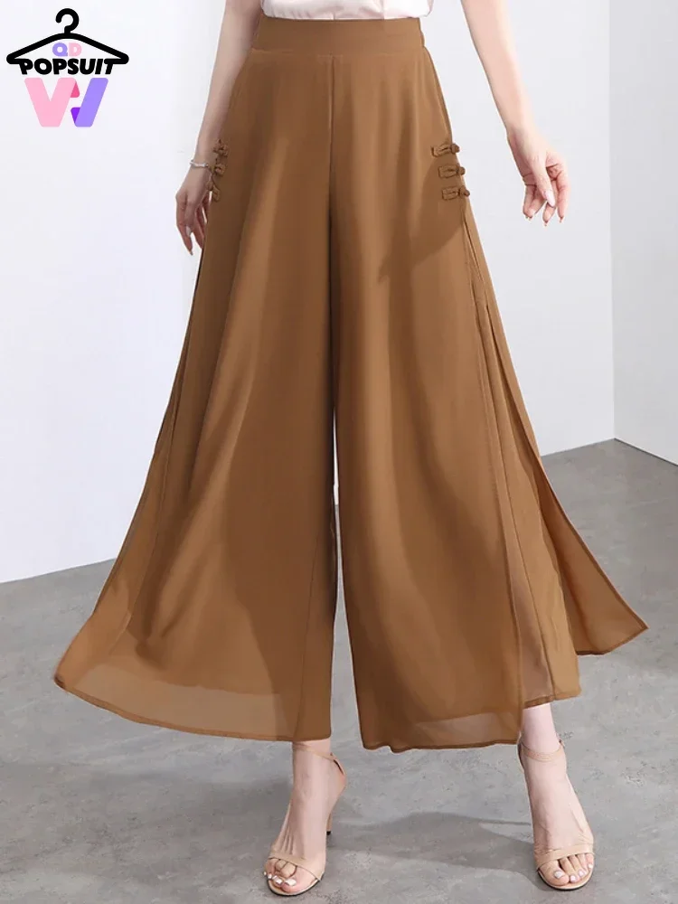 New In Women Pant Casual Elegant Solid Chiffon High Waist Bow-knot Side Split Ladies Ankle-Length Pantalones Over-sized Trousers