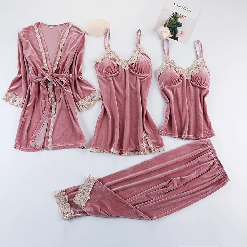 Sexy Female 4PCS Robe Set Velour Lace Bathrobe Women Kimono Bath Gown Loose Sleepwear Nightwear Bridesmaid Robes Suit Homewear