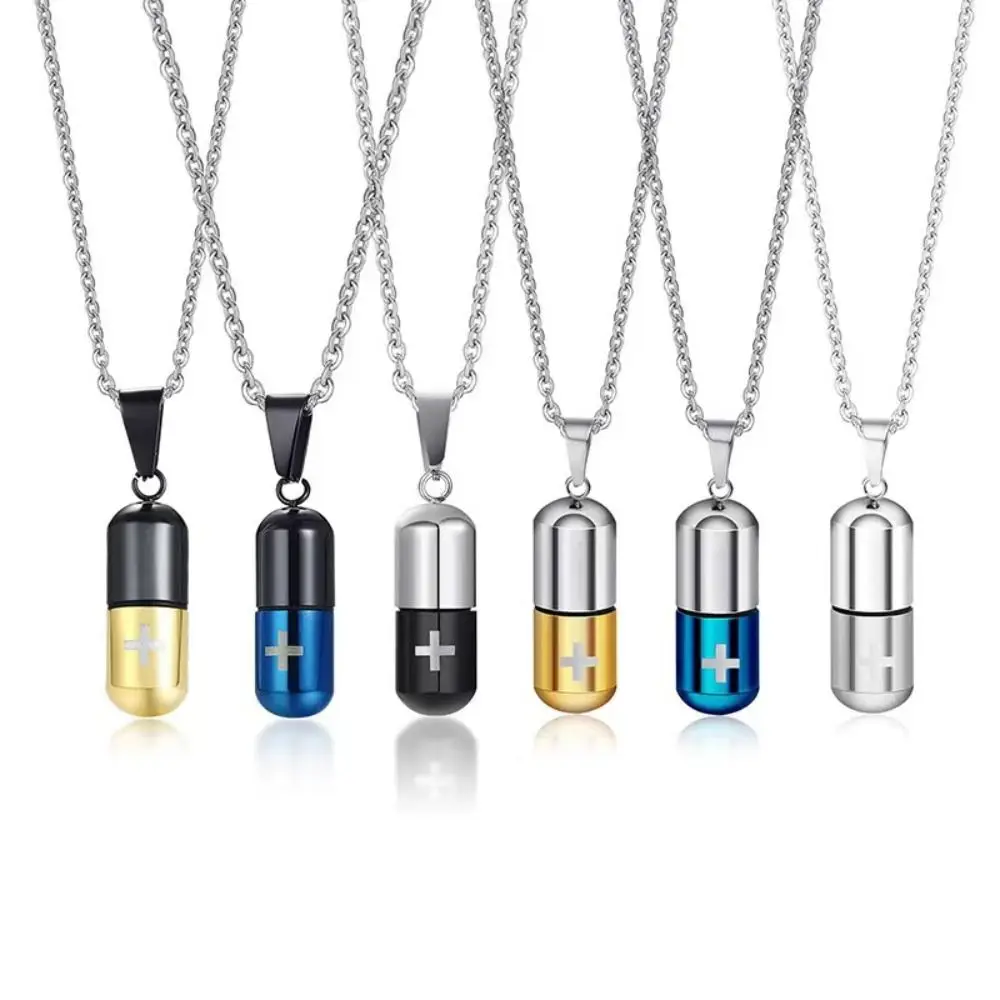 Stainless Steel Capsule Pill Pendant Necklace Women Men Can Open Hollow Pill Necklace Perfume Holder Cross Engraved