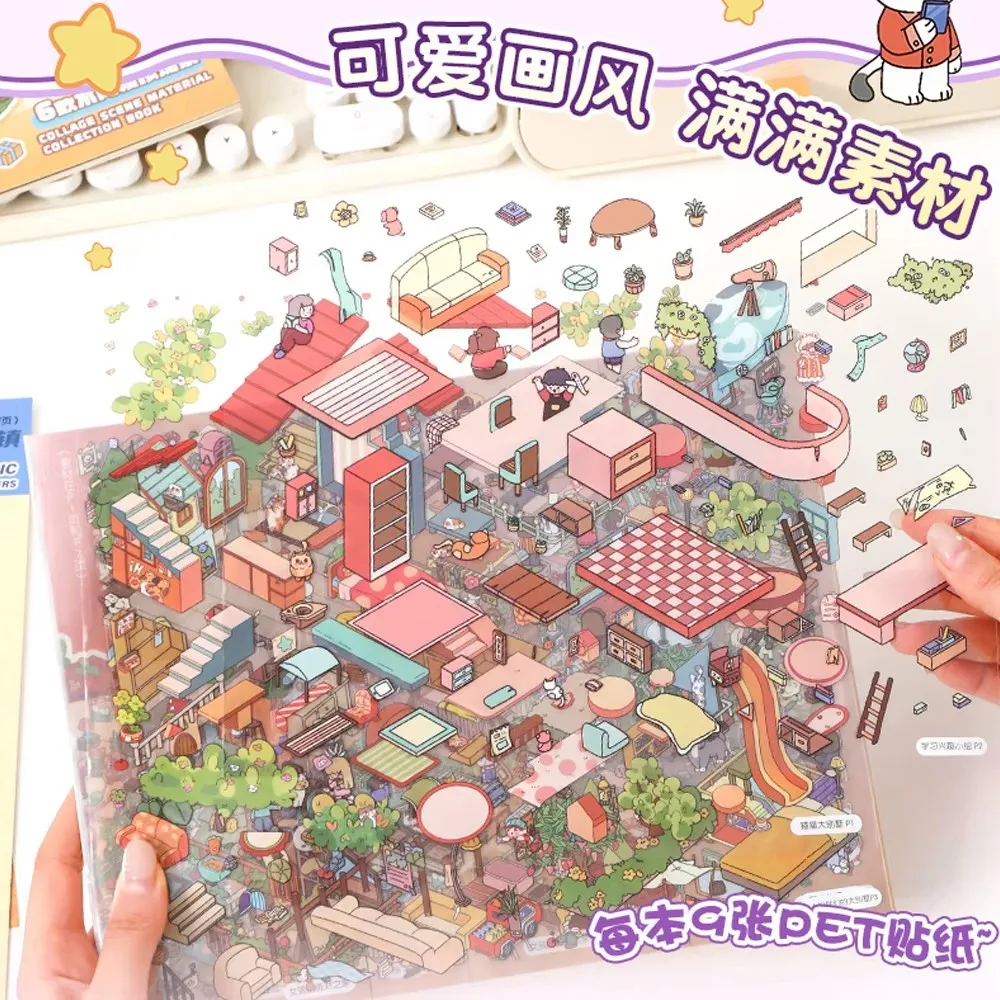 Libro de talla grande 6 escenas en 1, diario de viaje de dibujos animados, colección de pegatinas de paisaje, libros de juegos de juguete DIY, regalo de cumpleaños para Festival para niños