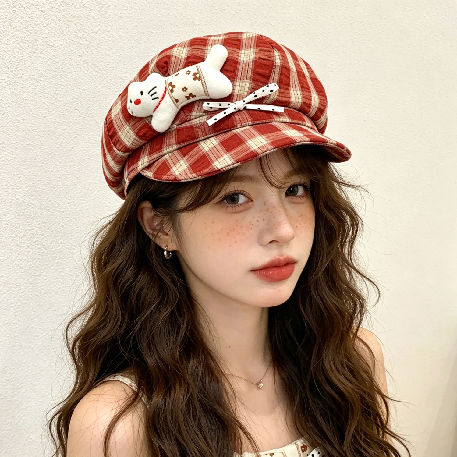 

Vintage Plaid Newsboy Cap Unisex Cute Cat Bow Decor Beret Casual Adjustable Flat Cap for Women Men Daily Street Wear