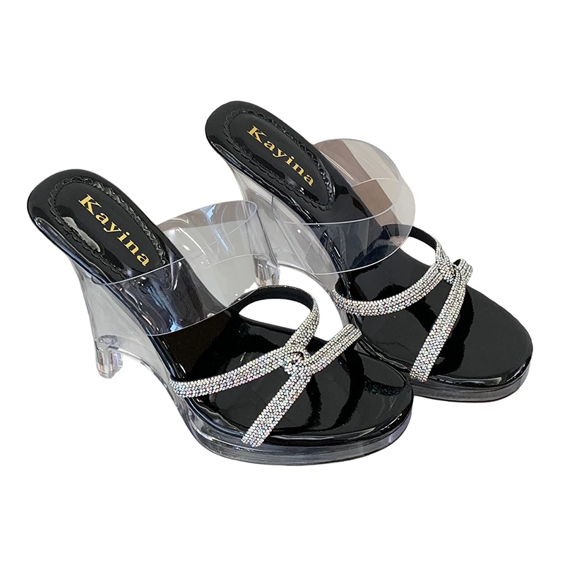12cm Black Heels Sandals For Woman 2026 Wedges Chunky Shoes Summer Rhinestones Narrowband Clear Heels Slippers Ladies Sandals