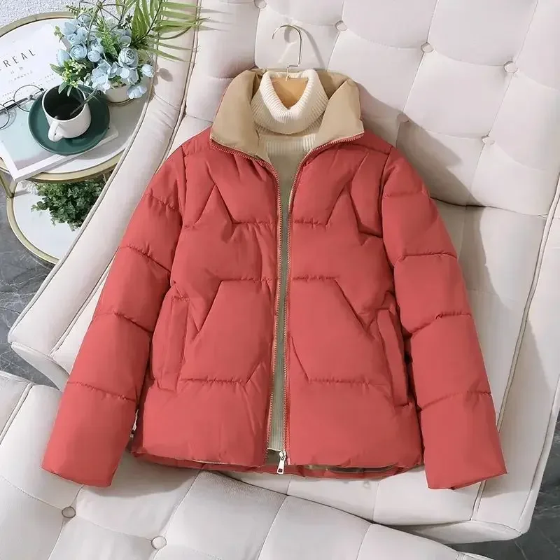 

Solid Women's Thickened Short Cotton Jacket Loose Fit Stand Collar Autumn Winter Fashion Outerwear Versatile Cotton Coat