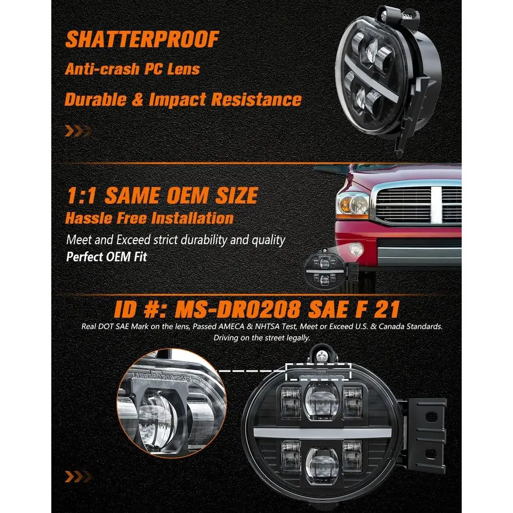 LED Fog Lights with White DRL for 2002-2008 Dodge Ram 1500 & 2003-2009 2500/3500 - Black Pair