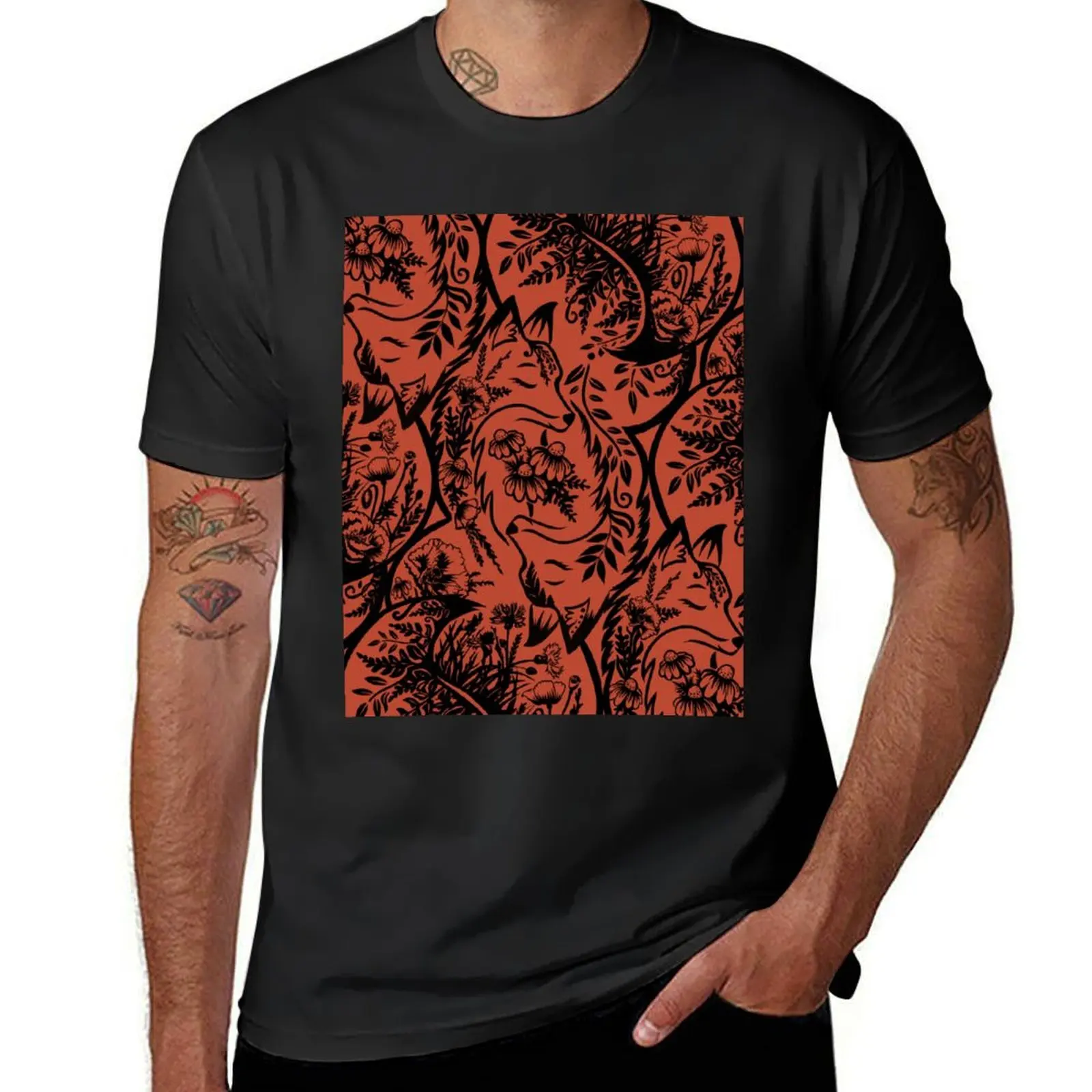 Mandala style magical foxes with flowers, orange and black seamless composition T-Shirt vintage T-shirt men