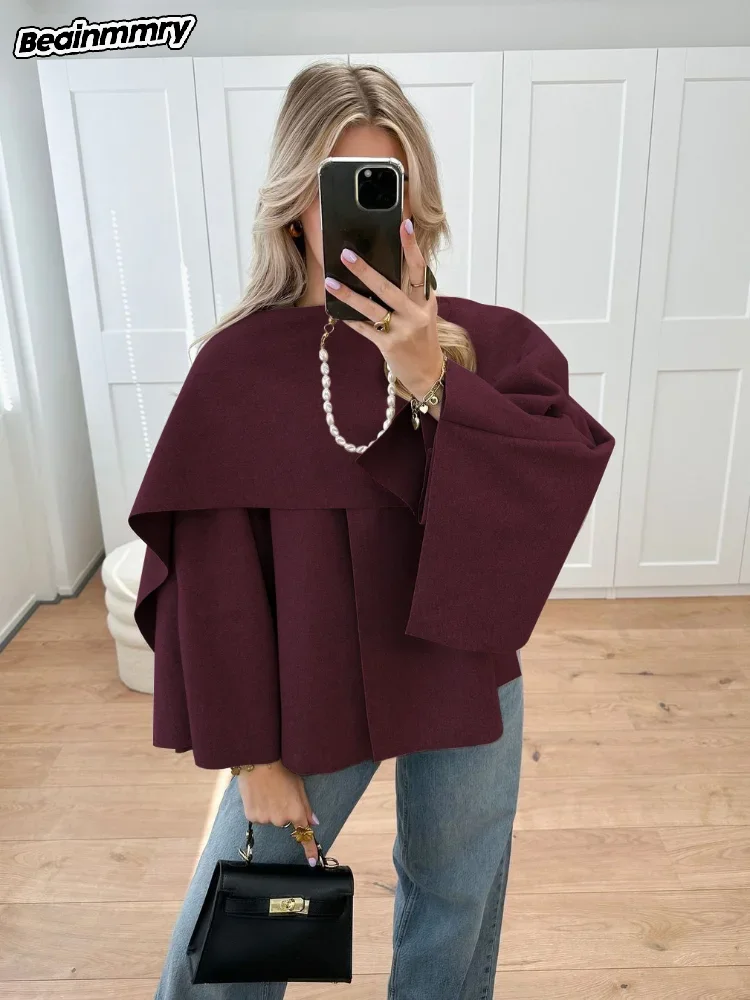 Elegant Burgundy Scarf Collar Knitted Coats Women Fashion Long Sleeves Loose Sweater 2024 Autumn New Chic Female Warm Outwears