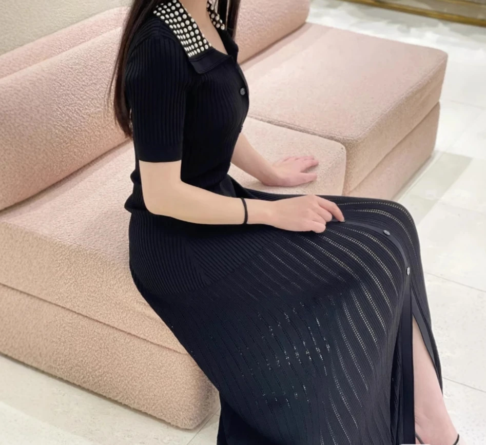 

Women's black lapel knitted dress short sleeve slim fit single breasted decorative hollow elegant midi robe