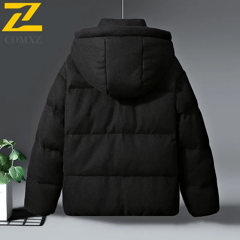 COMXZ Men Padded Jacket Solid Color Warm Thick Korean Style Commuting Parker Coat Street Cold-Resistant Windproof Winter Jacket
