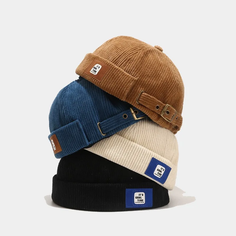 

Retro Men Dome Melon Hat Corduroy Label Letter Solid Color Beanie Adjustable Korean Street Hip Hop Caps Winter Unisex Docker Hat