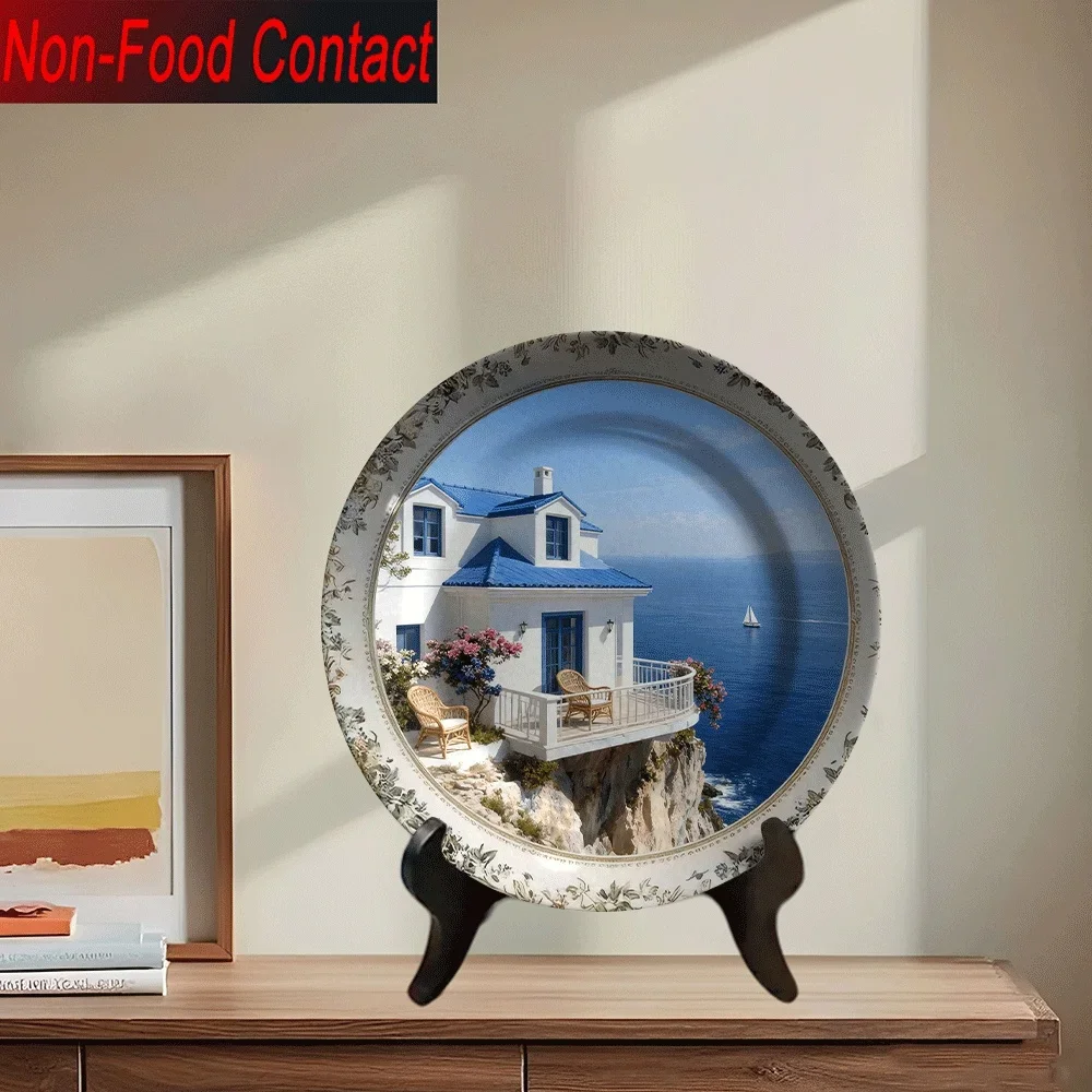 1pc Mediterranean Greek Island Ceramic Decorative Plate - White & Blue Greek Villa & Sea Cliff Design, Round Non-Food Contact