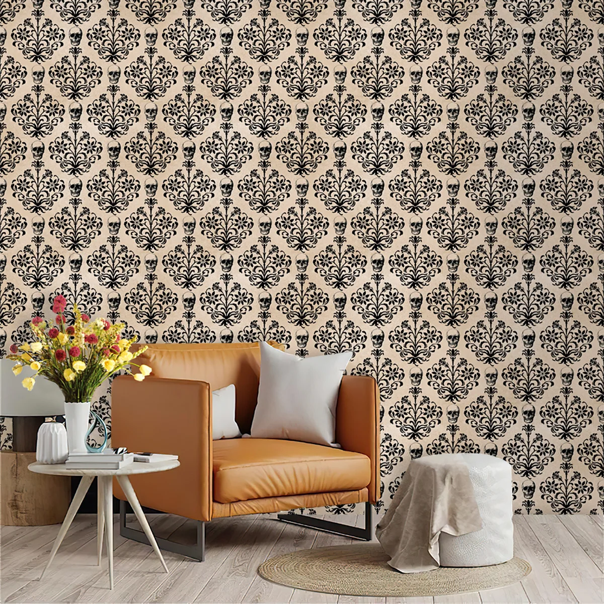 Brown Peel and Stick Wallpaper Thicken Removable Damascus Wall Paper Flower Damask Skull Contact Paper Self Adhesive