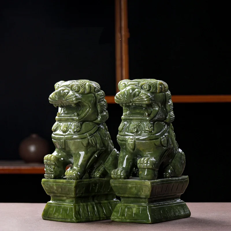 

Natural Jade Lion Statue Pair Ornament Xiuyu Nanyu Carved Desktop Figurines for Home, Feng Shui Lucky Decoration Auspicious Gift