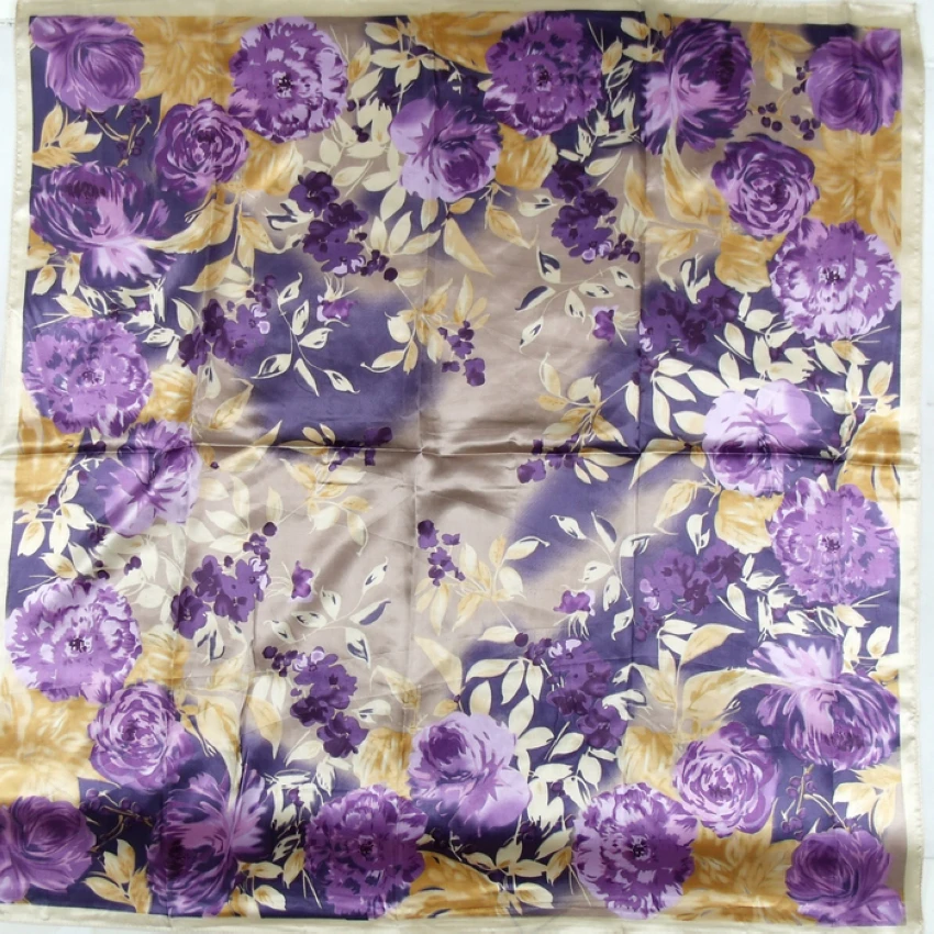 [BYSIFA] Fall Winter Purple Satin Scarves Printed Fashion Women Accessories Elegant Roses Large Square Silk Scarf Hijab 90*90CM