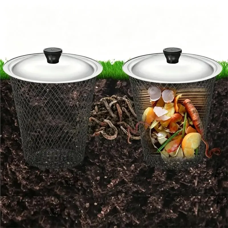 PORK-Worm Composter With Lid Metal Mesh In-Ground Bin Nutrient Supply Kitchen Scraps Garden Waste Harvesting