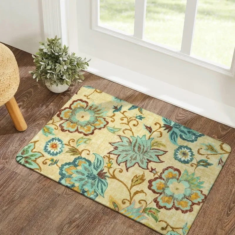 Retro Ethnic Decorative Doormat Light Yellow Base Large Blooming Floral Leaves Bohemian Pattern Rectangular Entrance Mat Rug