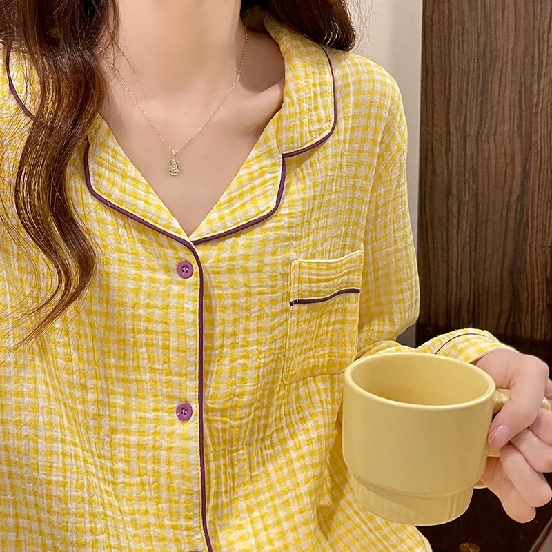 

Комплект домашней одежды из чистого хлопка с длинными рукавами для женщин: весенне-осенний, с клетчатым принтом, удобный, дышащий, повседневный