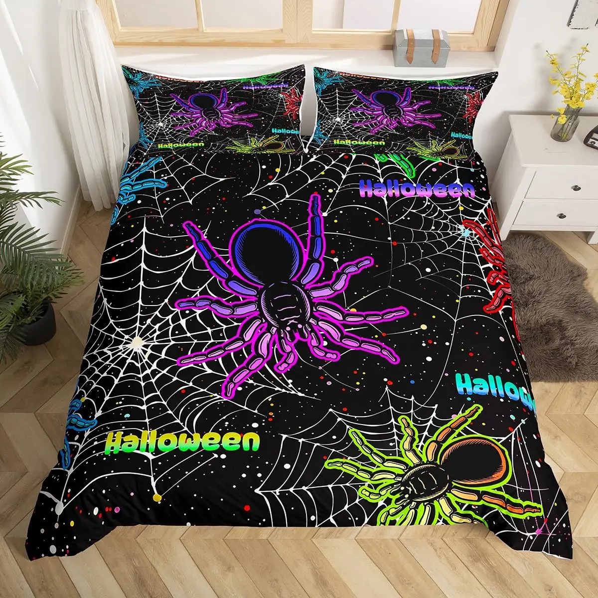 Halloween Spider Web Twin Queen Duvet Cover for Boys Girls,Spiderweb Horror Bedding Set Hippie Home Decor Gothic Comforter Cover