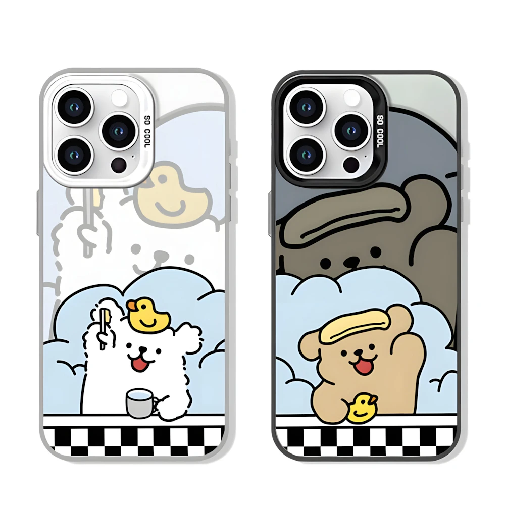 Cute Bathing Dogs Matching Case for iPhone 16 12 13 mini 11 14 15 Pro Max XR 8 Plus Hard Plastic Laser Cover for Couple Friends