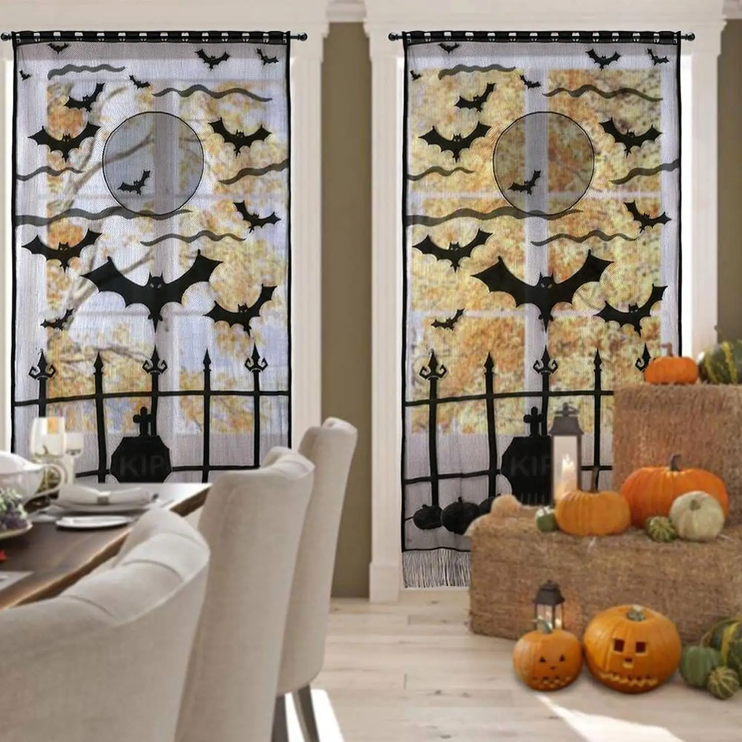 Halloween Skeleton Lace Door Curtain Black Skull Spider Bat Pumpkin Window Curtain For Ghost Party Home Wall Decorations view 4