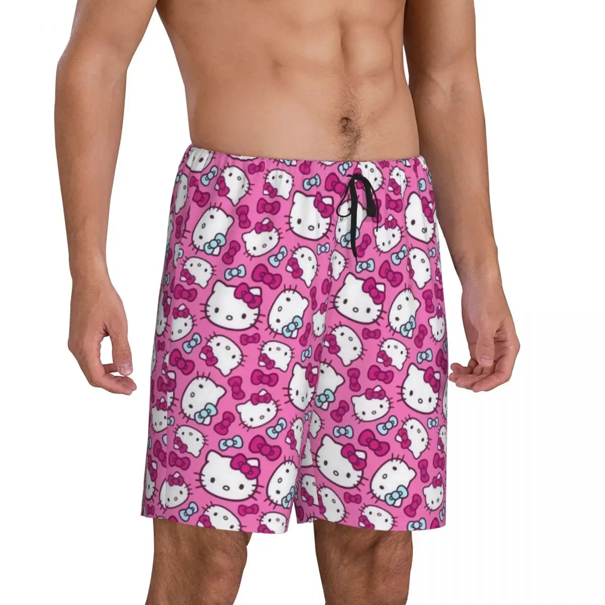 Custom Pink Bow Animated Anime Hello Kitty Pajama Bottoms for Men Lounge Sleep Shorts Stretch Sleepwear Pjs with Pockets