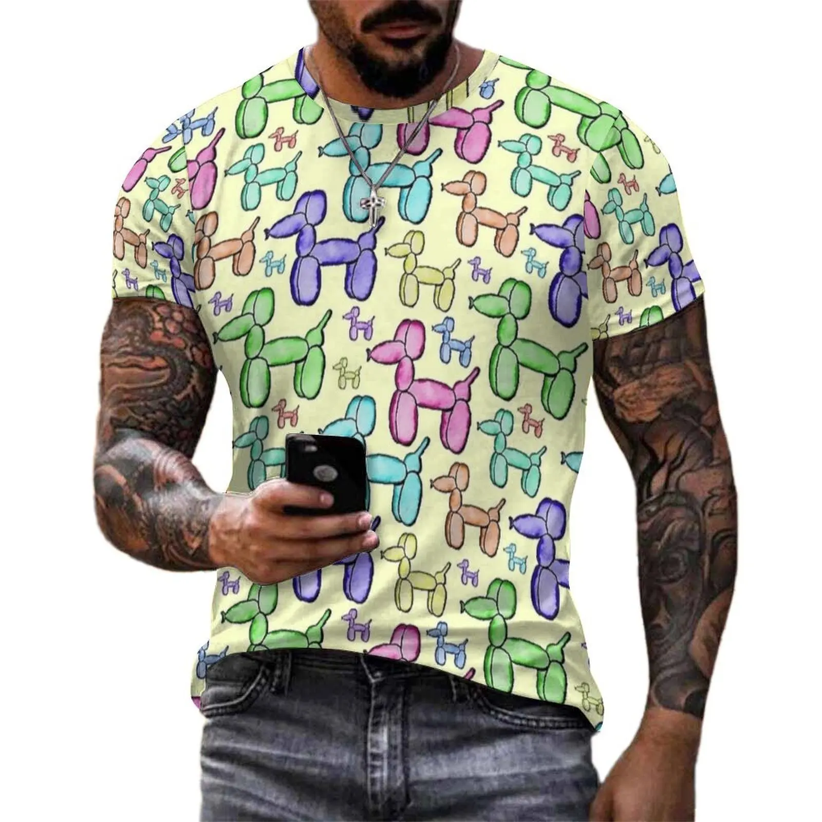 Men Watercolor Balloon Dog Pale Yellow Print T-Shirt  Popular T Shirts Short Sleeve Graphic Tops Beach Casual Oversized Clothing