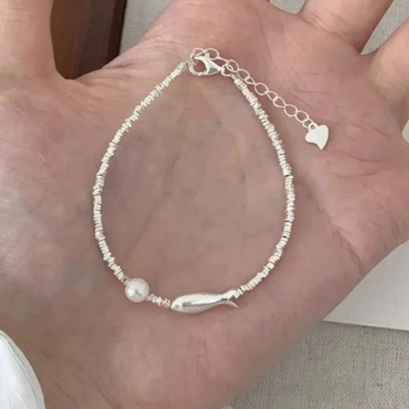 GANPUP Niedliches Fisch-Perlen-Kettenarmband für Frauen Süße Mode Neue Handkette 925 Versilbertes Schmuckgeschenk Party Alltag Pulsera – Detail 2