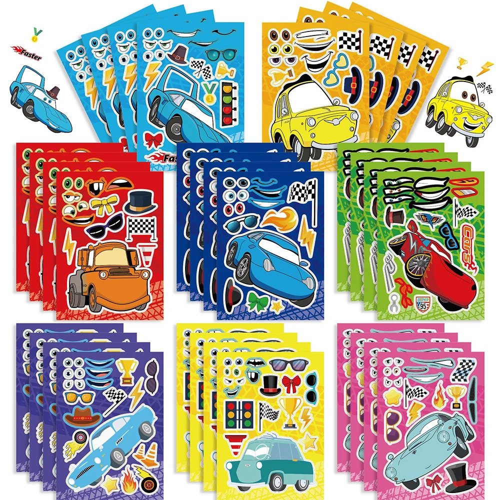 

8/16Sheets Disney Cute Cartoon Cars Puzzle Stickers Lightning McQueen Make a Face Assemble Jigsaw Kid Educational Toy Party Game