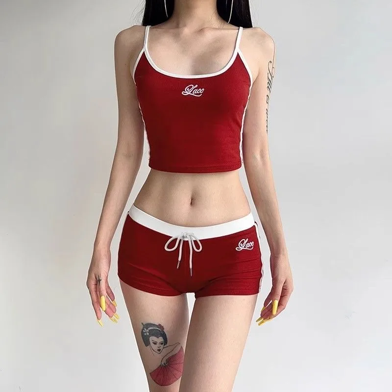 Woman Matching Sets Patchwork Embroidery Letter Tights U-neck Sling Drawstring Mini Shorts Sets Casual Female Tank Tops Sets view 2