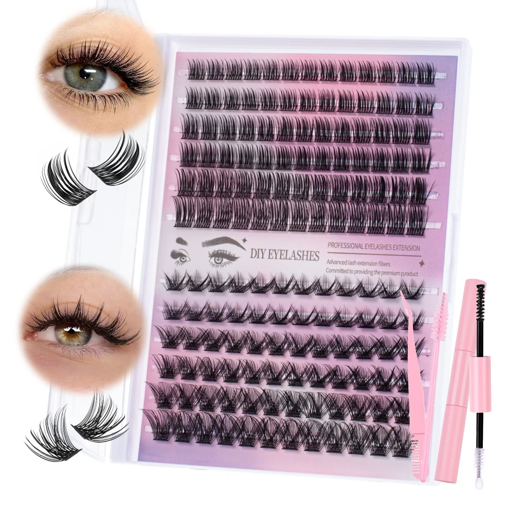 Kit estensione ciglia fai-da-te, cluster C-Warp 150 pezzi steli sottili, pennello mascara super fisso incollaggio e colla per ciglia sigillata e pinzette