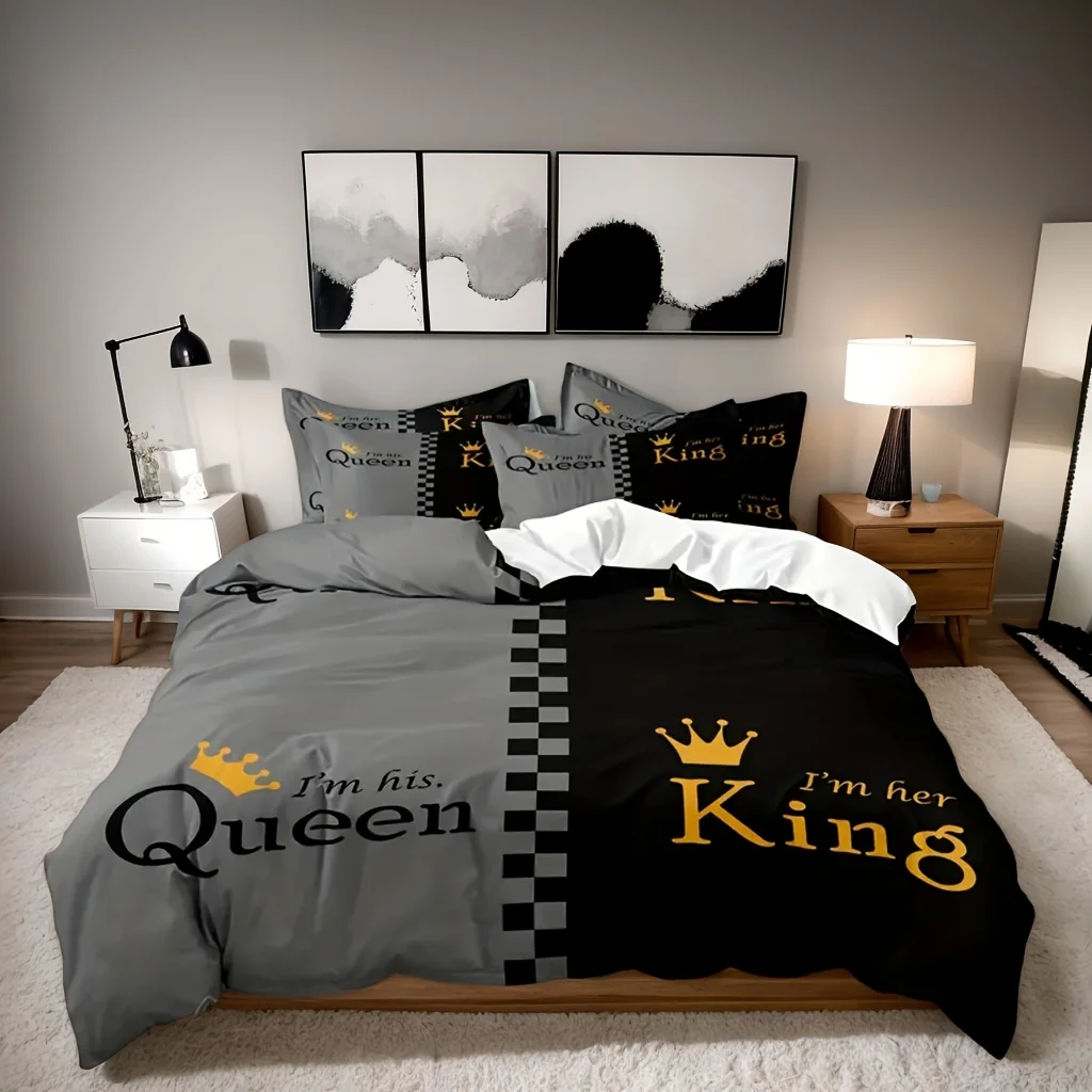 

Valentine'S Day King And Queen Duvet Cover Set Crown Design Print Soft And Breathable Polyester Machine Washable