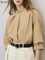 ZANZEA Fashion Pleated Blouses Women Streetwear Asymmetrical Hem Shirts Lantern Sleeve Casual Solid Blusas Mujer Fall 2024 Tops